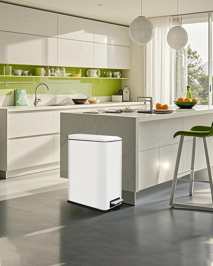 Kitchen Rubbish Bin, 30 L, Narrow Pedal Bin with Lid, Stainless Steel Kitchen Rubbish Bin with Inner Bucket, Rectangular Waste Bin for Kitchen, Bathroom, Bedroom, Office, White