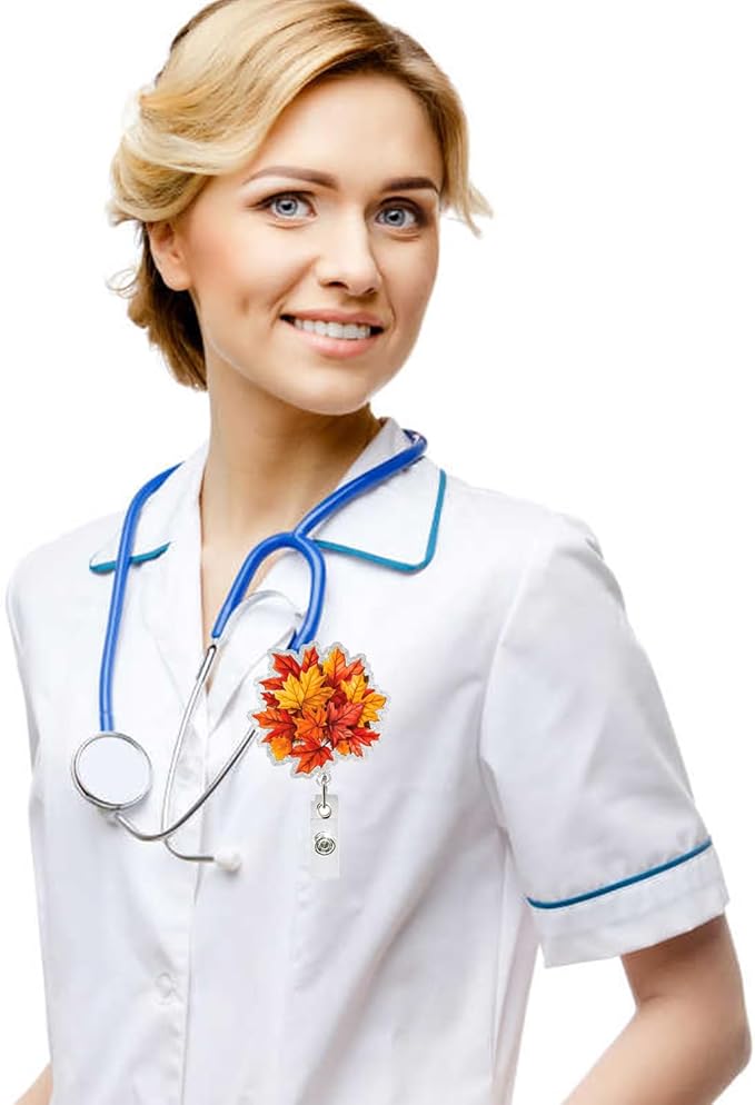 Autumn Leaves Badge Reel Retractable Badge Holder with Alligator Clip Fall Acrylic ID Name Card Scroll Red Maple Leave Badge Clips Designs for Student Teacher Office School Worker Nurse Decoration