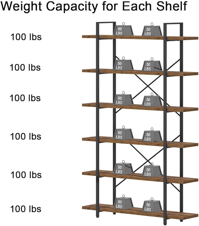 HSH 6 Shelf Tall Bookcase, Industrial Modern Large 6 Tier Bookshelf, Open Wood and Metal Display & Storage Rack,Farmhouse Bookcases and Book Shelves 6 Shelf for Bedroom Living Room Office,Rustic Brown