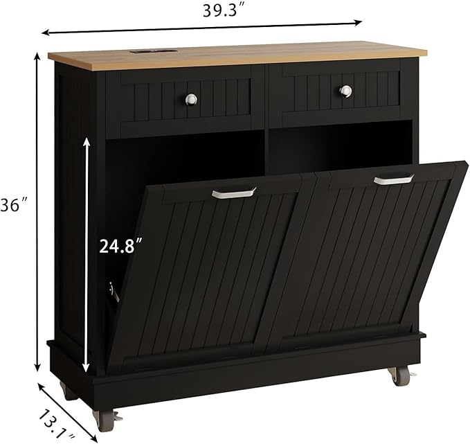 20 Gallon Tilt Out Trash Cabinet, Wooden Kitchen Trash Can Cabinet with Hideaway Drawer, Freestanding Laundry Hamper Garbage Recycling Cabinet on Wheels, Pet Proof, Double, Black
