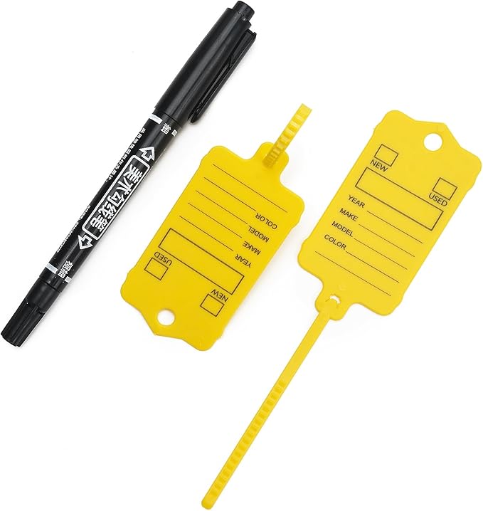 50 Car Key Tags with Labels Plastic Car Dealership Key Tags Self Locking Automotive Identifiers Blank Shop Labels with One Pen (Yellow)