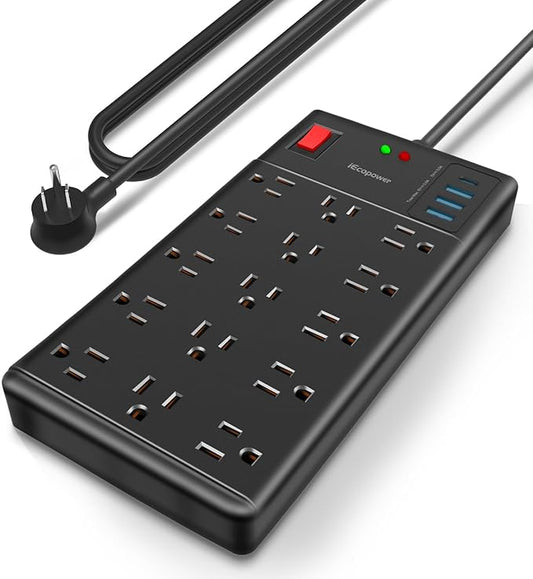 Surge Protector Power Strip-15 Widely Spaced Outlets and 4 USB Ports(1 USB C Port),14 AWG Extension Cord,1875W/15A Heavy Duty Power Strip Surge Protector 5 ft Cord,2800J,Black