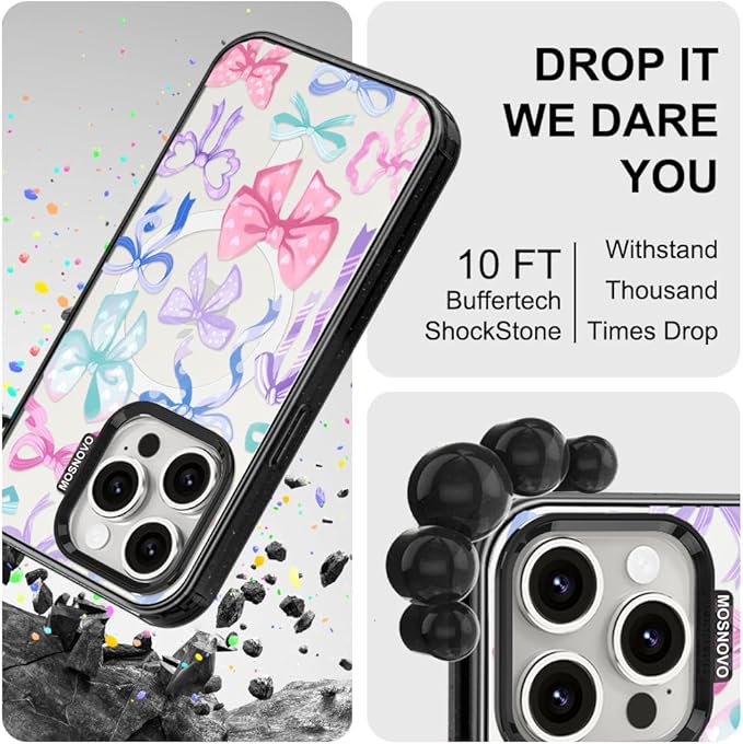 MOSNOVO Magnetic Case for iPhone 15 Pro, 10ft Military-Grade Protection, Compatible with Magsafe, Shockproof Phone Case for iPhone 15 Pro - Bows - Clear Black