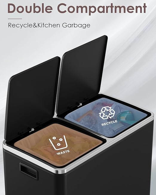 Arlopu 16 GallonStainless Steel Trash Can, 60L Dual Compartment, Metal Kitchen Step Recycle Bin, Metal Double Dustbin, in-Home Garbage Rubbish Can W/Removable Liner Buckets (Black)
