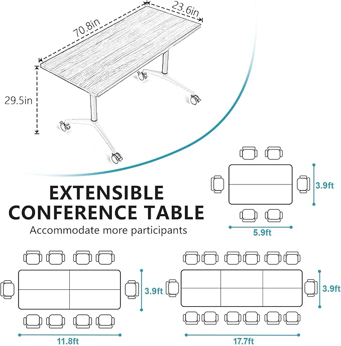 Conference Room Table, Folding Conference Tables,Thicken Grey Tabletop,Flip Top Wooden Seminar Meeting Room Table for Conference Room Offices (6, White, 70.8”)