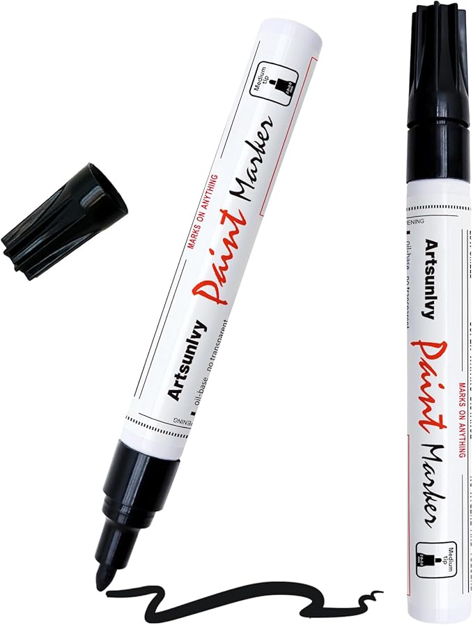 Black Paint Pens Permanent Markers - 2 Pack Oil Based Quick Dry Waterproof Markers for Plastic, Tire, Rubber,Wood, Rocks, Metal, Canvas, Dark Surface,Craft Art Supplies,Medium Point