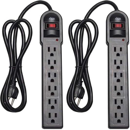 KMC 6-Outlet Surge Protector Power Strip 2-Pack, 900 Joules, 4-Foot Extension Cord, Overload Protection, Black