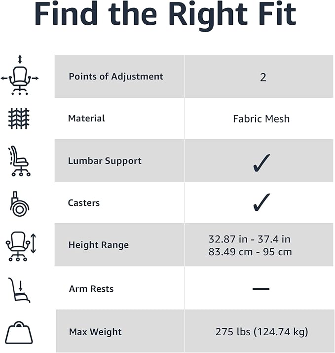 Amazon Basics Rolling Desk Chair, Adjustable, Low Back, Padded Seat, Breathable Mesh, Swivel, Black, 21.25" D x 22.5" W x 38" H