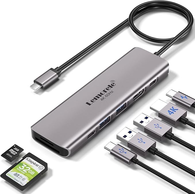 USB C Hub Multiport Adapter - Lemorele 7-in-1 Type-C 4K 60Hz HDMI Dongle Docking Station, 100W PD, SD/TF 3.0 Slots, 2 USB 3.0 & USB C 3.0 5Gbps Data Ports, for MacBook, iPad, Surface, XPS, ChromeBook