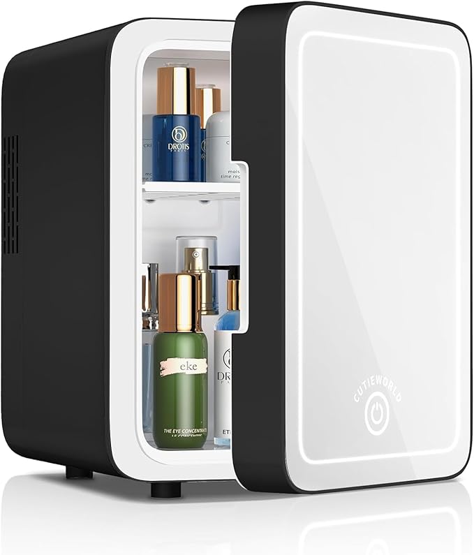 Makeup Fridge With Dimmable LED Light Mirror, 4L Mini Fridge for Bedroom, Car, Office & Dorm, Cooler & Warmer, Portable Small Refrigerator for Cosmetics, Skin Care and Food, Black