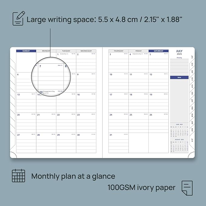 POPRUN Weekly Planner 2025-2026, 7.25'' x 8.5'', 15-Minute Hourly Appointment Book (July 2025-June 2026) with PU Leather Softcover, Monthly Tabs, Inner Pocket - Black