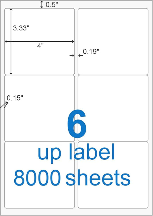 BESTEASY Sticker Labels Compatible Laser/Ink Jet Shipping Labels (8000 sheets, 6 up-3-1/3" x 4")