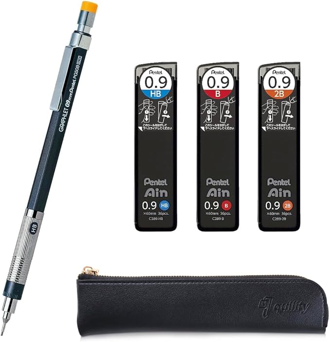 Graphlet Mechanical Drafting Pencil + Ain HB/B/2B leads, original Black slim pen case (0.9mm)