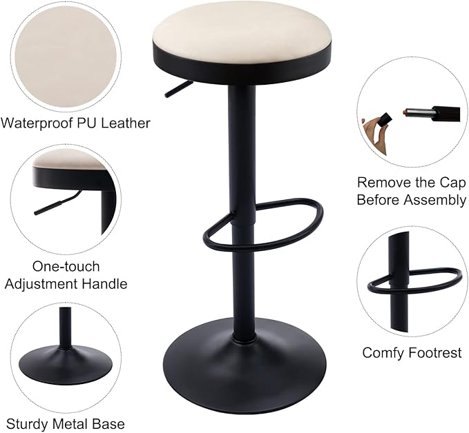 Round Swivel Counter Height Bar Stools Set of 1 Modern Adjustable Barstools Backless PU Leather Bar Chairs Industrial Island Chairs with Metal Base/Footrest for Kitchen Island/Pub, Beige