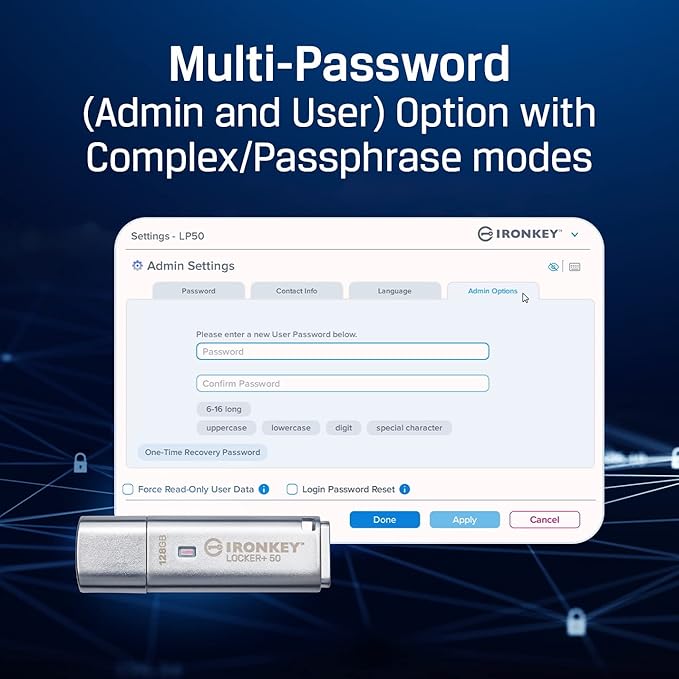 Kingston Ironkey Locker+ 50 32GB Encrypted USB Flash Drive | USB 3.2 Gen 1 | XTS-AES Protection | Multi-Password Security Options | Automatic Cloud Backup | Metal Casing | IKLP50/32GB,Silver