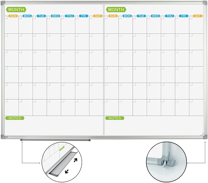 JILoffice Magnetic Dry Erase Calendar Whiteboard, 2 Month White Board Planner 36 X 24 Inch, Silver Aluminum Frame Wall Mounted Board for Office Home and School
