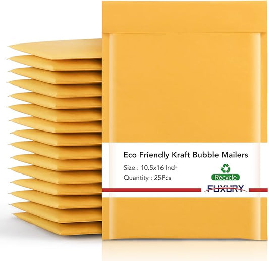 Fuxury Kraft Bubble Mailer 10.5X16 Inch 25 Pack,Strong Adhesion Padded Envelopes,Usable Size 10.5X15", Self Seal Bubble Envelopes,Waterproof Padded Mailers Packaging for Small Business,#5 Yellow