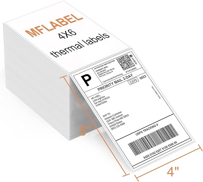 MFLABEL Fanfold 4" x 6" Direct Thermal Labels White Perforated Shipping Label,32 Stacks,Total 32000 Labels