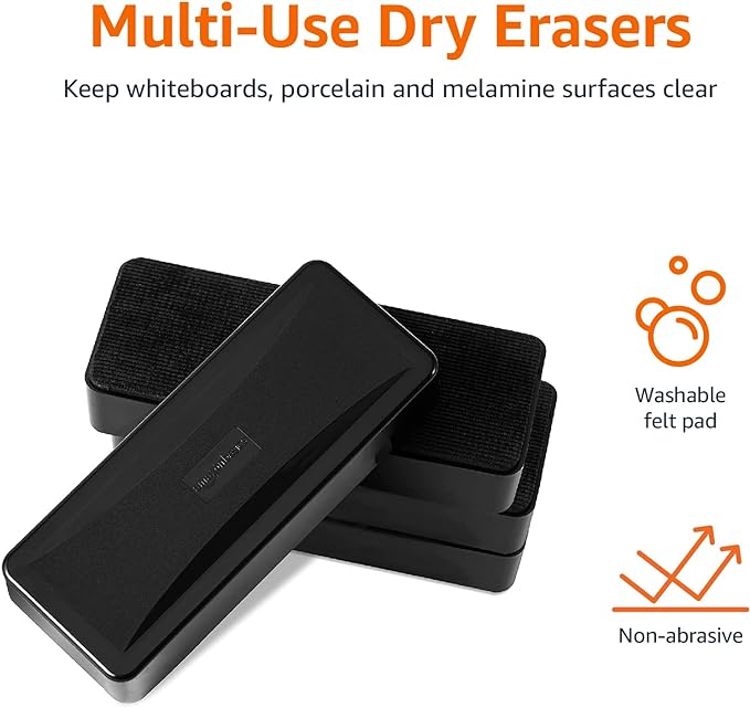 Amazon Basics Dry-Erase Whiteboard Eraser, for School, Office, Home, and Classroom, Black, 4-Pack,