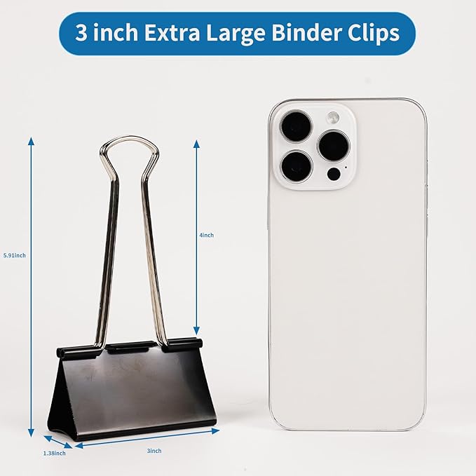 Jumbo Binder Clips 3 Inch - Extra Large Binder Clips 16 Pack, Heavy Duty Office Binder Clips for Paper, Documents, School & Office Supplies (16, 3 inch)