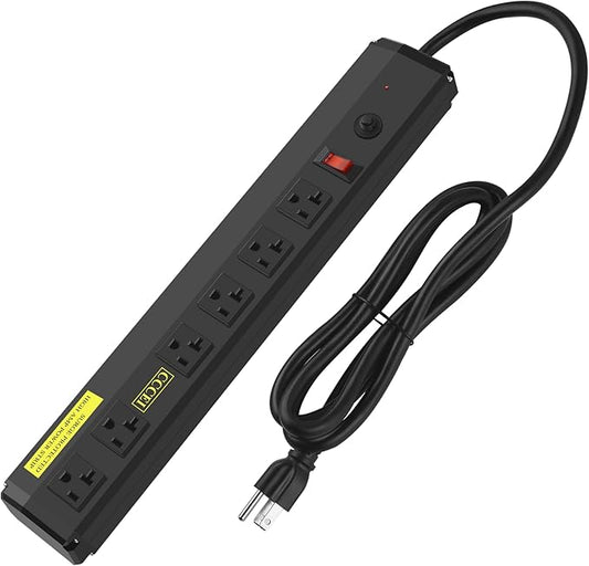 CCCEI Heavy Duty Power Strip Surge Protector 20 Amp, High Amp Industrial Shop Garage Metal Multiple Outlets, 10 FT 12 Gauge 5-15P Extension Cord 6 Outlet 6-20R T-Slot 20a for Appliance. Black.