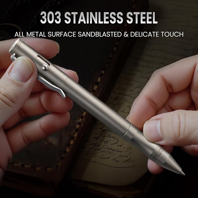 Origin-Joy 3 Pack Stainless Steel Bolt Action Pen Set, Heavy Duty EDC Pocket Gel Tactical Pen With 12 Ballpoint Refills (Sandblasting)
