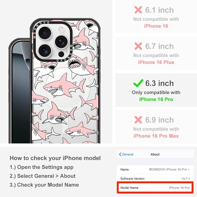 MOSNOVO Magnetic Case for iPhone 16 Pro, 10ft Military-Grade Protection, Compatible with Magsafe, Shockproof Phone Case for iPhone 16 Pro - Pink Sharks - Clear Black