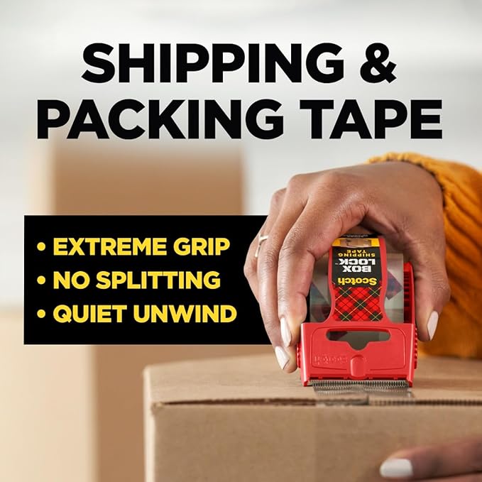 Scotch Box Lock Packing Tape, Clear Packaging Tape, Extreme Grip Box Tape for Holiday Shipping, 1.88 in. x 22.2 yd., 6 Tape Rolls with Dispensers