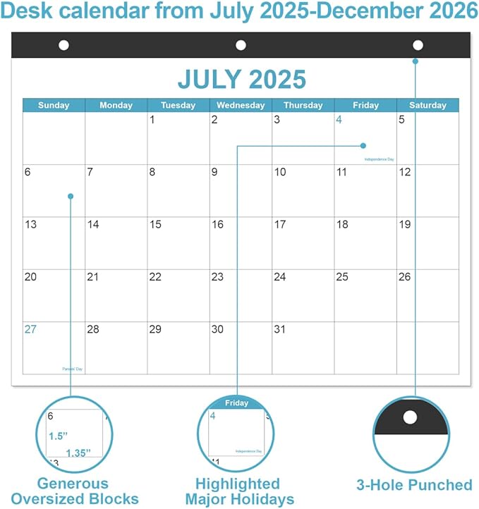 2025-2026 Calendar for 3 Ring Binder - Desk Calendar 2025-2026 from July 2025 - December 2026, 18 Months Calendar with Premium Paper, 3-Hole Calendar, 8.5" x 11", Blue