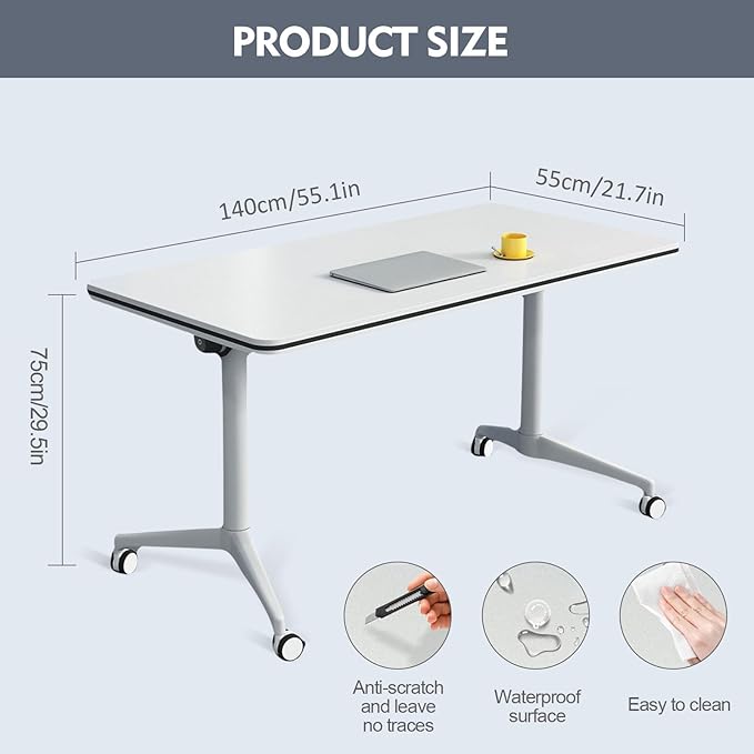 Folding Conference Room Table, Modern Mobile Training Table with Wheels, White Foldable Seminar Meeting Tables for Office Corporations (4pack 55.1in)