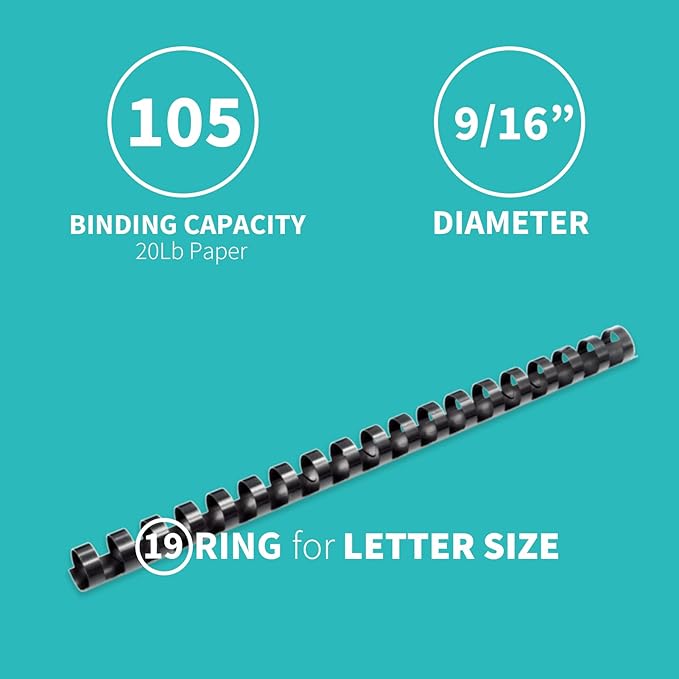 Binditek 100 Pack Plastic Binding Comb Spines, 9/16 Inch Diameter, 105 Sheet Capacity, for Letter Size, Black, for Students and Coworkers