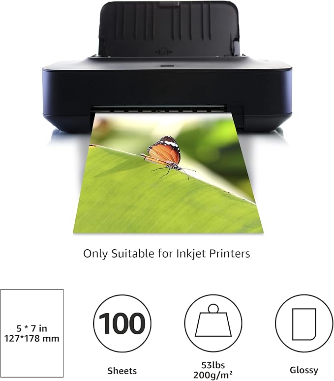 Amazon Basics Glossy Photo Paper for Inkjet Printing, 200g/m², 5 x 7 in, White, Pack of 100 Sheets