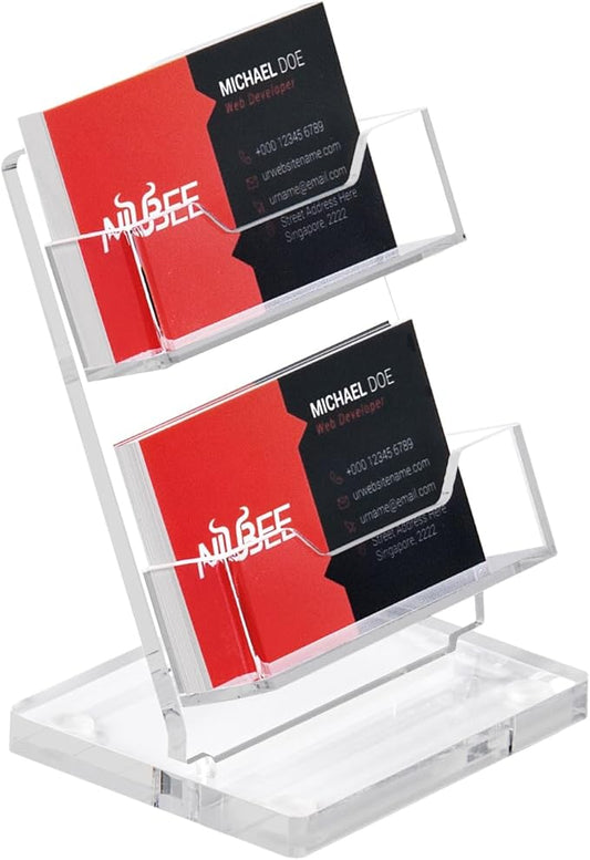 NIUBEE Acrylic Business Card Holder for Desk 2 Tier Clear Gift Card Display, Business Card Stand for Office Exhibition, 130 Cards Capacity, 2 Slots