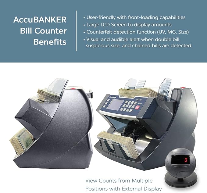 AccuBANKER AB4200MGUV Bill Counter Machine, 300 Bills Hopper Capacity Variable Counting Speeds up to 1,800 Bills/Min with 3-Point Counterfeit Detector Magnetic Ultraviolet, Commercial Grade, UL & CE