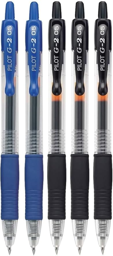 G2 Retractable Premium Gel Ink Roller Ball Pens Extra Fine Point (.5mm) Black/Blue Ink 5 pack; Refillable & Premium Comfort Grip Bundle with Plastic Reusable Pouch