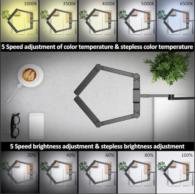 LED Desk Lamp with Clamp, 41.5" Clamp on Architect Desk Lamp for Home Office, 24W Bright Tall Computer LED Table Light Adjustable Overhead Clip on Office Lighting for Work Craft