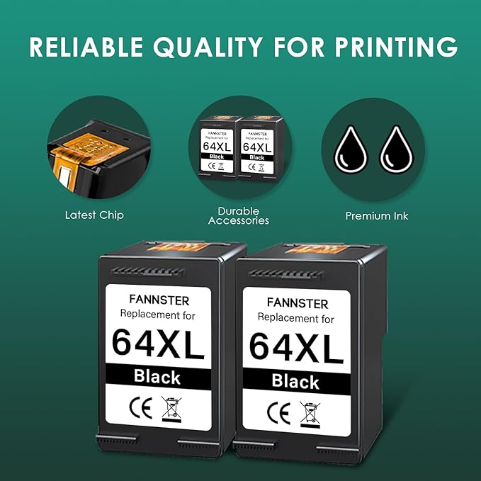 64XL Black Ink Cartridges Black Compatible for HP 64 XL High Yield Replacement for HP Printers 7858 7855 7120 7155 7158 7164 6255 6252 6232 Envy Inspire 7955e Tango X Printers