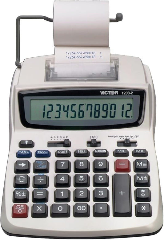 Victor Printing Calculator, 1208-2 Compact and Reliable Adding Machine with 12 Digit LCD Display, Battery or AC Powered, Includes Adapter,White