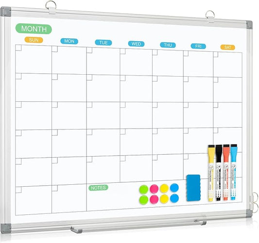WALGLASS Dry Erase Calendar Whiteboard for Wall, 24" x 18" Double-Sided Monthly Calendar White Board with Silver Aluminum Frame, Hanging or Wall Mount Whiteboard for Home, Office, School