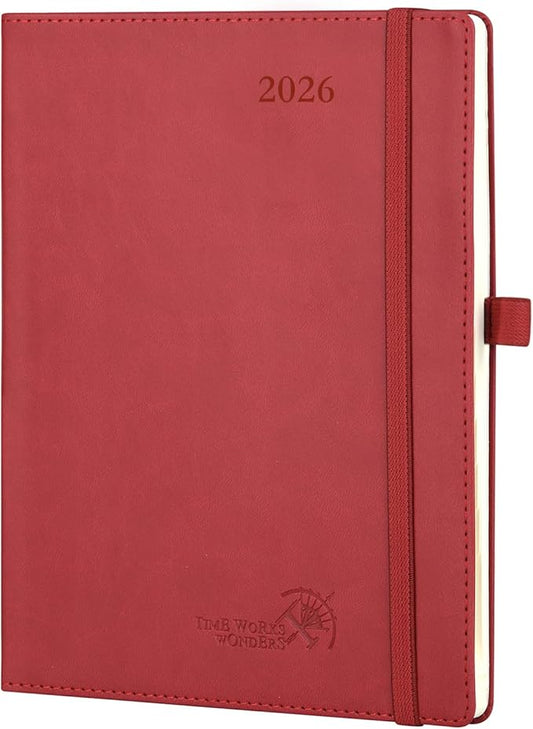 POPRUN 2026 Planner (Medium - 6.5'' x 8.5'') - 2026 Weekly Calendar ((Jan. 2026 - Dec. 2026) with Hourly Time Slots, Weekly/Monthly Appointment Book for Time Management - Leather Soft Cover - Burgundy Red