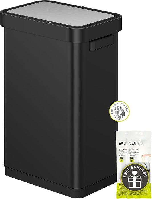EKO Deluxe Mirage-T 50 Liter / 13.2 Gallon Touchless Rectangular Motion Sensor Trash Can, Matte Black Stainless Steel Finish