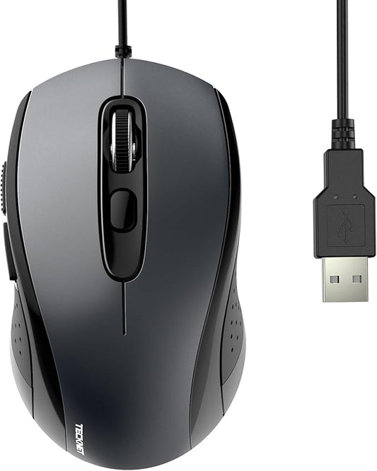 TECKNET USB Wired Computer Mouse, 4-Level Adjustable 3600DPI, Ergonomic with 6 Buttons, 18 Months Battery Life, Portable for Small Medium Hand