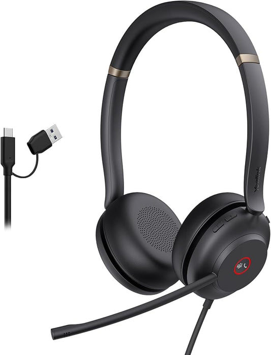 Yealink UH37 USB Headset with Noise Cancelling Microphone,Wired Headset for PC Laptop,Teams Certified,USB-A & USB-C Cable,Works with Zoom and Other Leading UC Platforms
