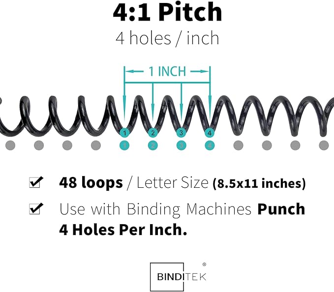Binditek 200 Pack Plastic Spiral Binding Coils, 6mm(1/4"), 30 Sheet Capacity, 4:1 Pitch, Black, 48Loops, for Letter Size, for Students and Coworkers