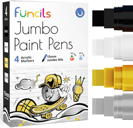 4 Jumbo Poster Markers (15mm, White, Black, Gold & Silver) | Fat Acrylic Paint Markers for Wood, Glass, Metal, Walls, Fabric - Large Thick Permanent Paint Pens for Signs, Board, Teachers