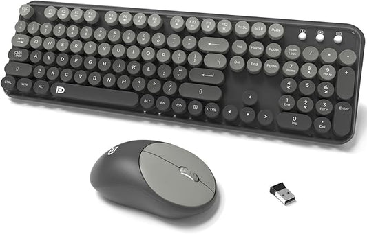 Wireless Keyboard and Mouse Combo, 104 Round Keys Cute Colorful Cordless Keyboard and Mouse with Retro Typewriter Black