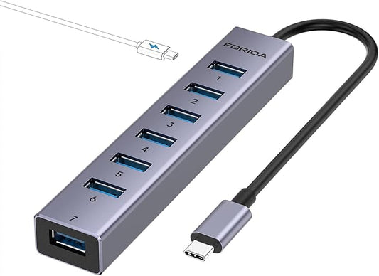 FORIDA USB C to USB Hub, 8 Ports USBC HUB with 7 USB 3.0 Data Ports, Aluminum Alloy Shell USB Splitter with USB C 5V/3A Power Port for Laptop PC and More