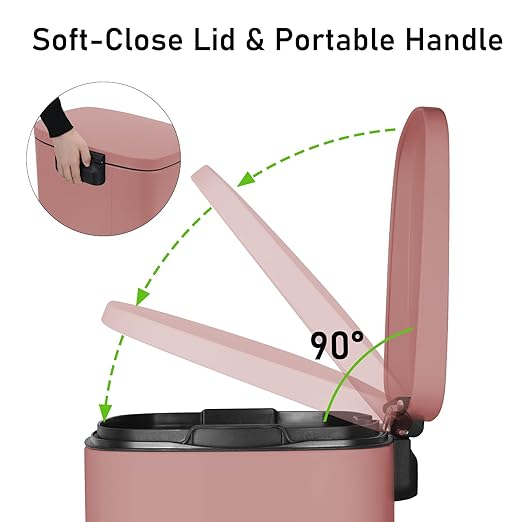 Arlopu 13.2+1.3 Gallon Step Trash Can, Stainless Steel Garbage Bin, Soft-Close Rubbish Bin with Removable Plastic Inner Bucket, Fingerprint-Proof, Lid Dustbin, for Kitchen Home (Pink)