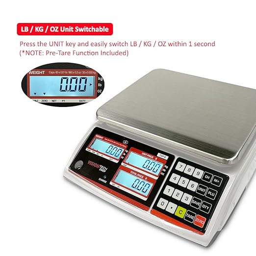VisionTechShop TVP-12B Price Computing Scale, Lb/Oz/Kg Switchable, 12lb Capacity, 0.002lb Readability, NTEP Legal for Trade COC #19-038, NSF Certified