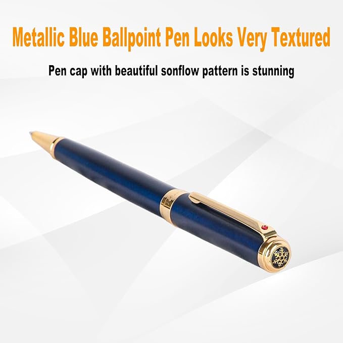 Blue Ballpoint Pen with Real 24K Gold Finish, Luxury Pen with 2 Black and 1 Blue Refill, Nice Pen for Men Women Birthday Graduation Christmas Gifts